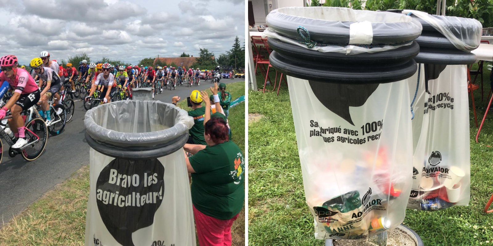 Tour de France 2023 : la FNSEA et A.D.I.VALOR distribuent des sacs « Bravo les agriculteurs ». 
