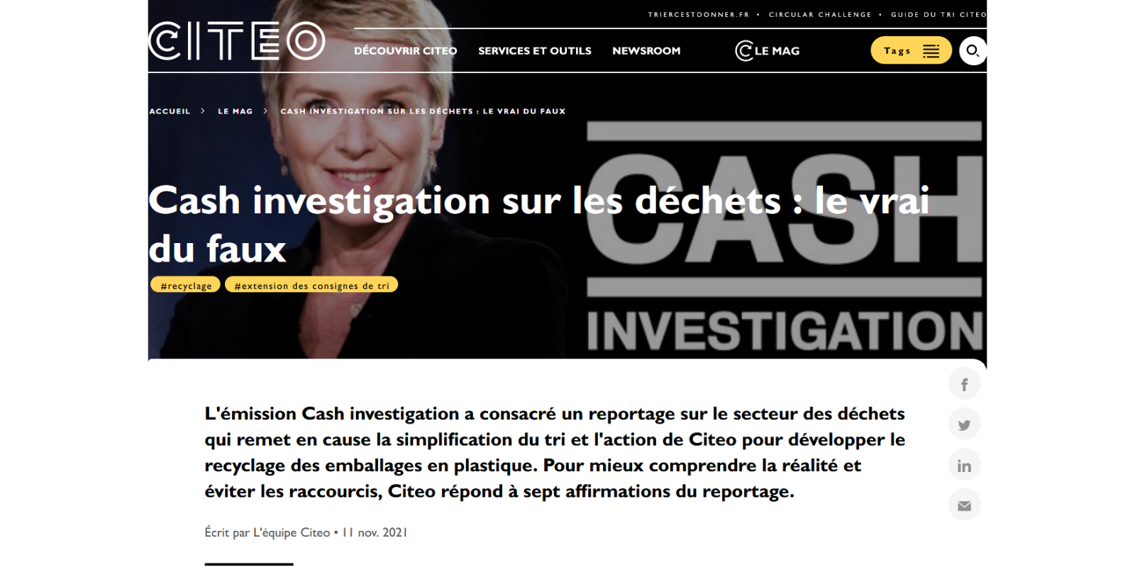 Citeo réagit suite à la diffusion du magazine Cash Investigation sur les déchets 